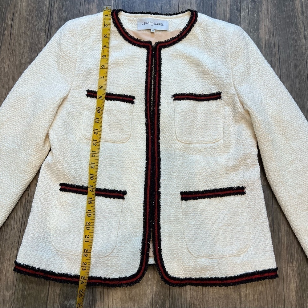 Gerard Darel Ivory Woven Tweed Blazer Long Sleeves Mock Neck Mid Length Summer M - Picture 13 of 15